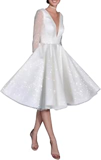 Women's Long Sleeves Tea Lenght Wedding Dress for Bride Satin Sparkle Tulle V Neck A-Line Bridal Dress for Women