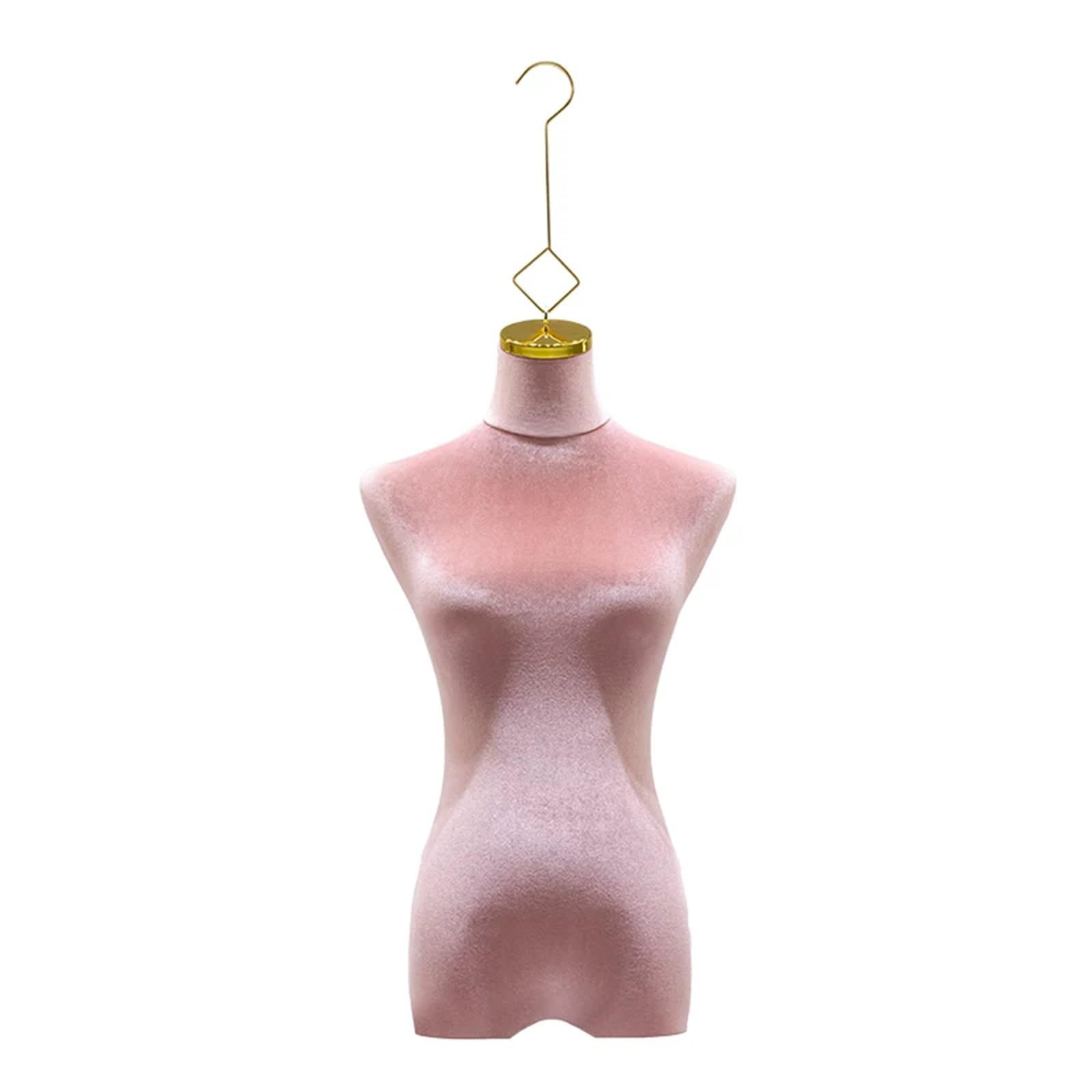 Pink Velvet Female Mannequin Torso With Gold Hanger, Hanging Half Body Dress Form Bust, For Lingerie, Bras, Tops, Boutique