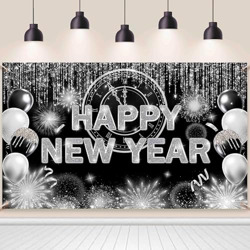 Amazon.com : AIBIIN Black Silver Happy New Year Backdrop 2026 Kiss Me ...