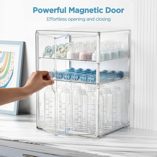 Image of HBlife Baby Bottle Storage Organizer for Countertop Cabinet, 3 Tiers Adjustable Clear Acrylic Bottles Storage Station Case Box Container with 2 Removable Dividers and Magnetic Double Door, X-Large