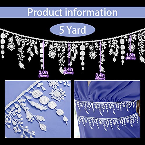 Oiiki 5 Yards White Lace Trim With Tassel Ribbon, Inelastic Embroidery Lace Applique Craft, Flower Lace For Edgings, Bird And Leaf Shape Tassel Fringe Trim, For Curtain Tablecloth Bridal Necklace #TOP1