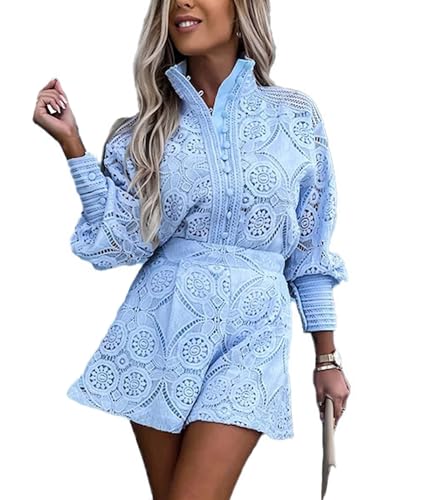 SOMTHRON Women's Summer Eyelet Lace Two Piece Outfits Long Sleeve Blouse Tops Shorts Floral Embroidery Set BE-S