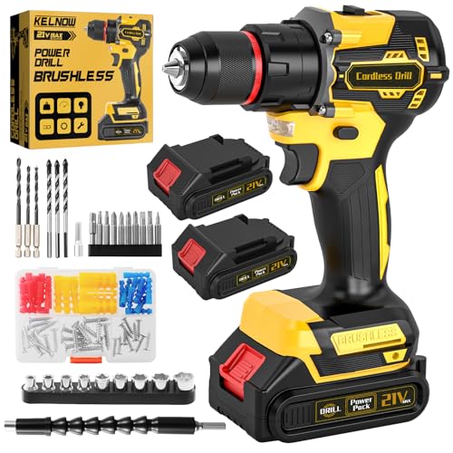 Image of Brushless Cordless Hammer Drill Set, 21V Impact Drill Driver and Screwdriver Set with 2 Batteries, 25+3, 10mm Heave Duty DrillChuck, 2 Speed Power Combi Battery Drill Set with 87 Accessories for DIY