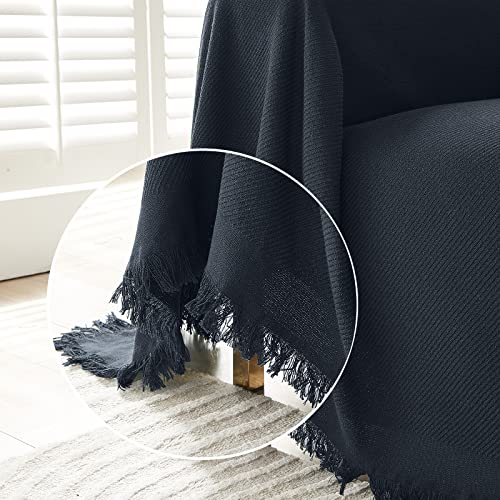 Meetsky Sectional Sofa Cover Couch Cover L Shape, Slipcover For Reclining Couch 3 Seat, Living Room Decoration Cotton Polyester Blend Thick Soft Throw Cover, 71" X 118", X-Large, Navy Blue #TOP3