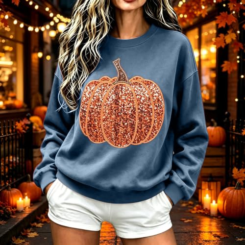 Pumpkin Sweatshirt Women Sequin Oversized Crewneck Halloween Sweatshirts - image 2