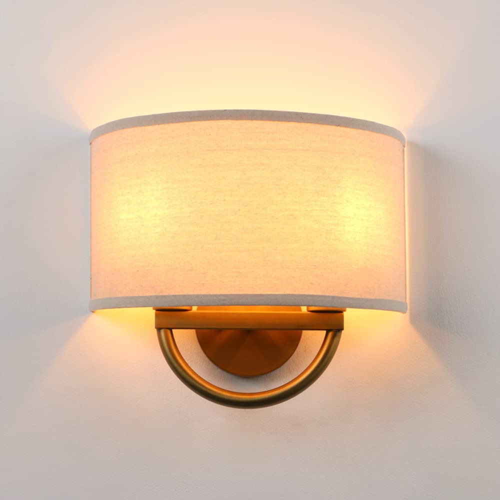 Yosoan Wall Sconce Indoor Night Bedside Fixture, Double-Head Vintage Industrial Wall Lamp White Semicircle Textile Lamp Shade for Bedroom Living Room Corridor Study(Linen)