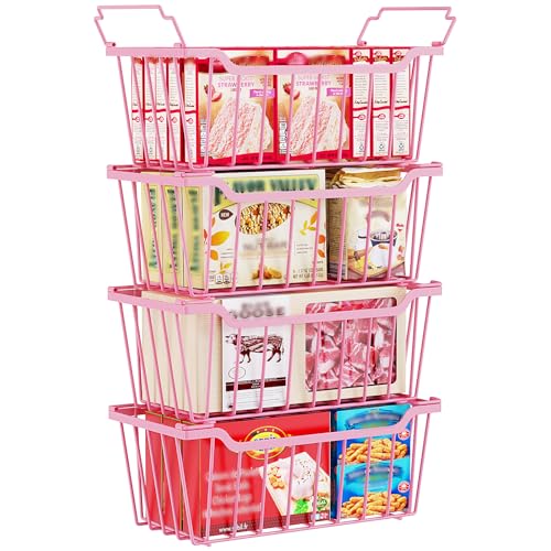 Image of SUNALLY Freezer Organizer Bins, 4 Pack Stackable Chest Freezer Organizer for 5-7 Cu.FT Deep Freezer Sort Frozen Meats and Food, Freezer Storage Baskets with Handles Easy Reach from Bottom, Pink
