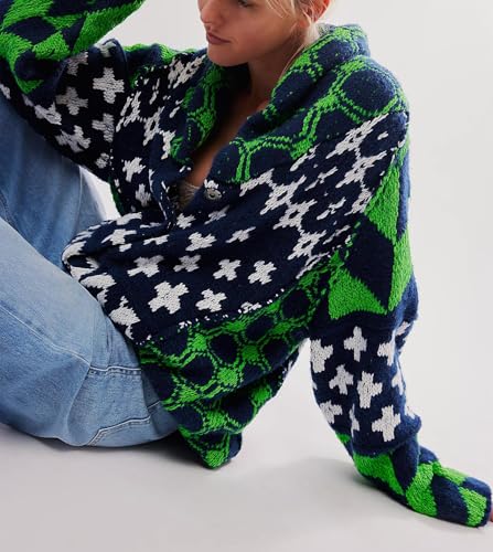 Image of Womens Knit Cardigan Sweater Button Down Oversized Sweaters Y2k Graphic Shawl Collar Fall Cardigans Coats, Green, One Size