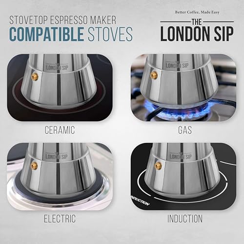 London Sip Stainless Steel Stovetop Espresso Maker Moka Pot Italian Coffee Percolator, Matte Black, 10 Cup by The London Sip - Image 5