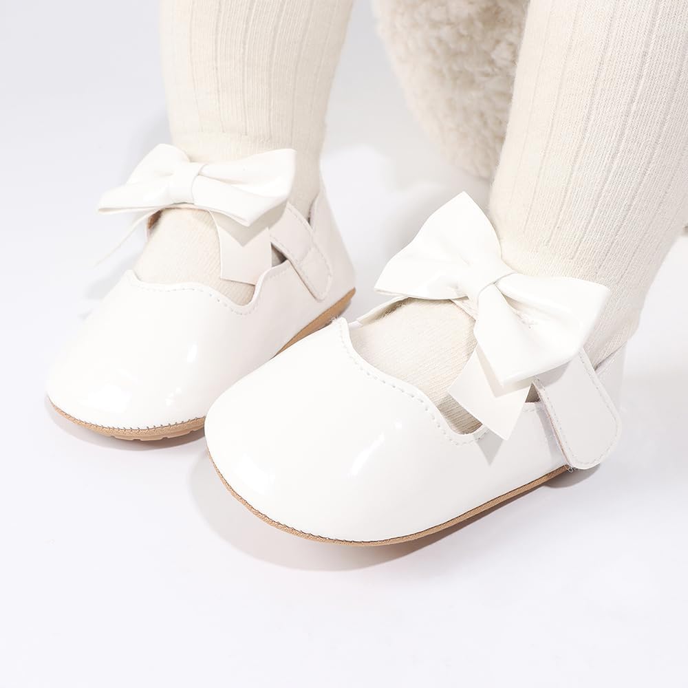 Baby Girls Bowknot Mary Jane Flats, Soft Non-Slip Sole PU Leather Dress Shoes, First Walker for Newborn Infant Toddlers 0-18 Months