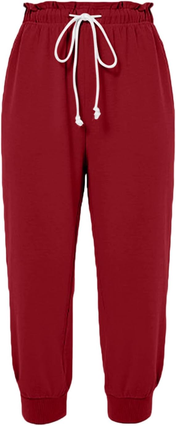 Women's Capri Joggers Ruffled Drawstring Workout Elastic Waisted Sweatpant with Pocket Comfy Casual Cropped Pants