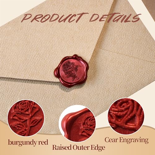 Pilloze 50pcs Red Rose Wax Seal Stickers, Rose Wax Seal, Red Rose Stickers for Envelopes, Waterproof, for Wedding Invitation, Christmas