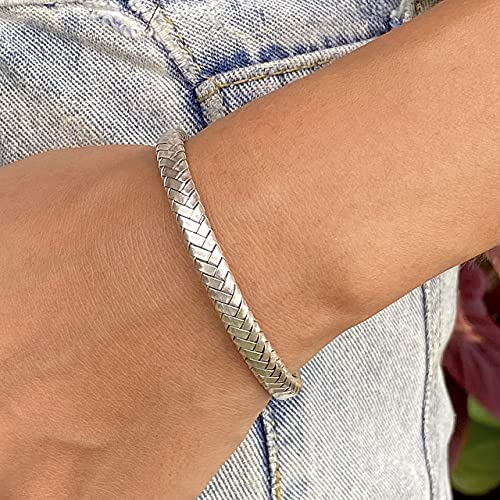 Braided Sterling Silver Handmade Cuff Bracelet Boho Woven Silver For Women (M-L) Or Men (S- M), 7 Inches Long, Flat Top, 1/4" Wide, Gift For Her Or Him #TOP5