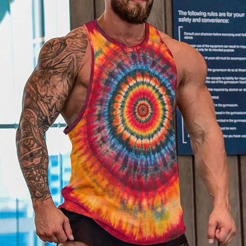 Mens Rainbow Tie Dye Tank Top Workout Gym Shirts Spiral Hippie Sleeveless Vest2