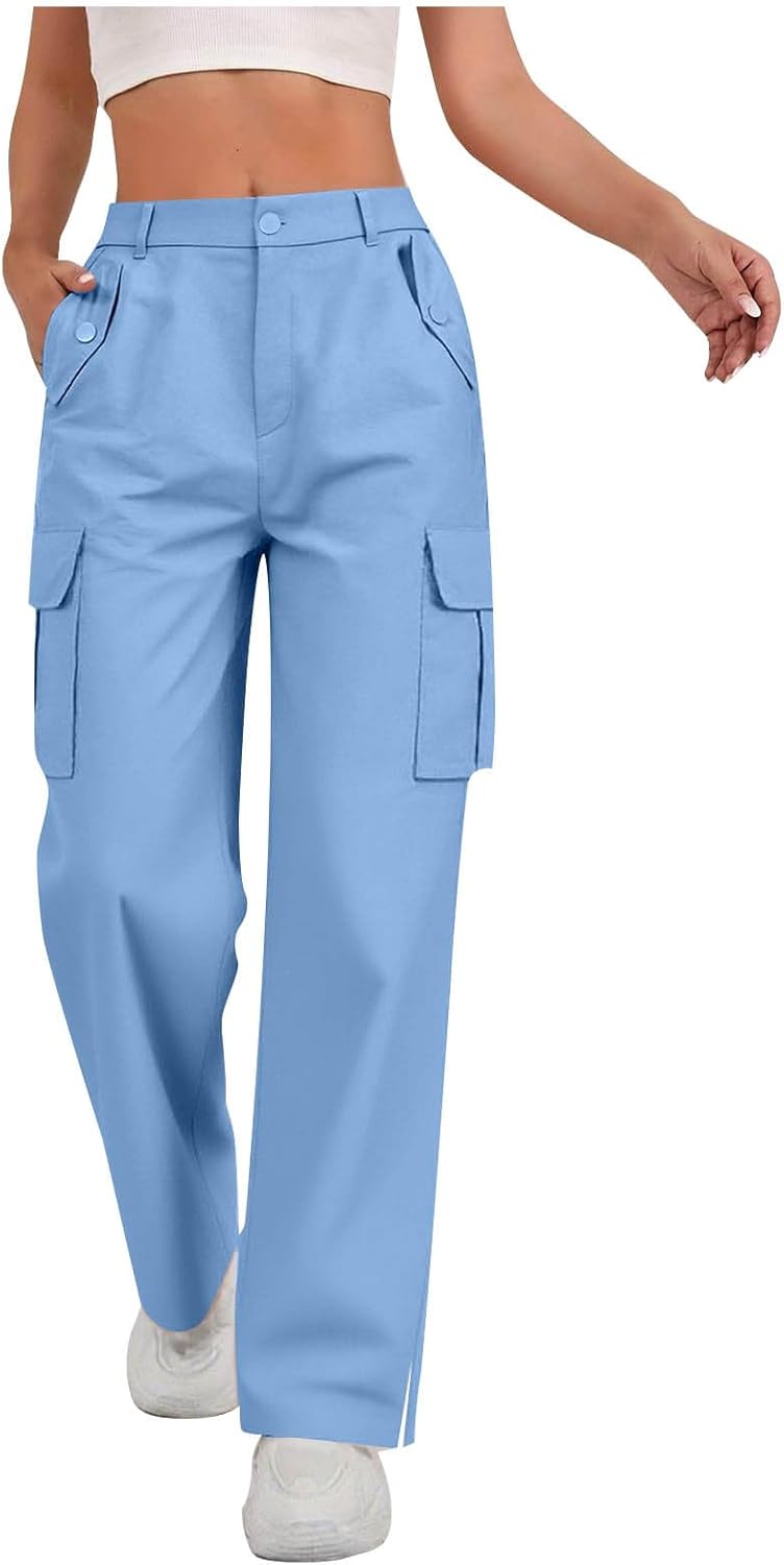 Cargo Pants Women Casual Wide Leg Hiking Pants Side Slit Trendy Y2k Streetwear with Pockets High Waisted Baggy Travel Pant