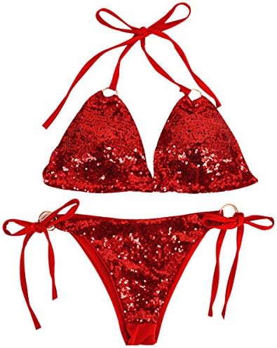 Women Triangle Bikini Set 2 Pieces Shiny Sequin Sexy String Beachwear Cross High Neck Halter Swimsuit