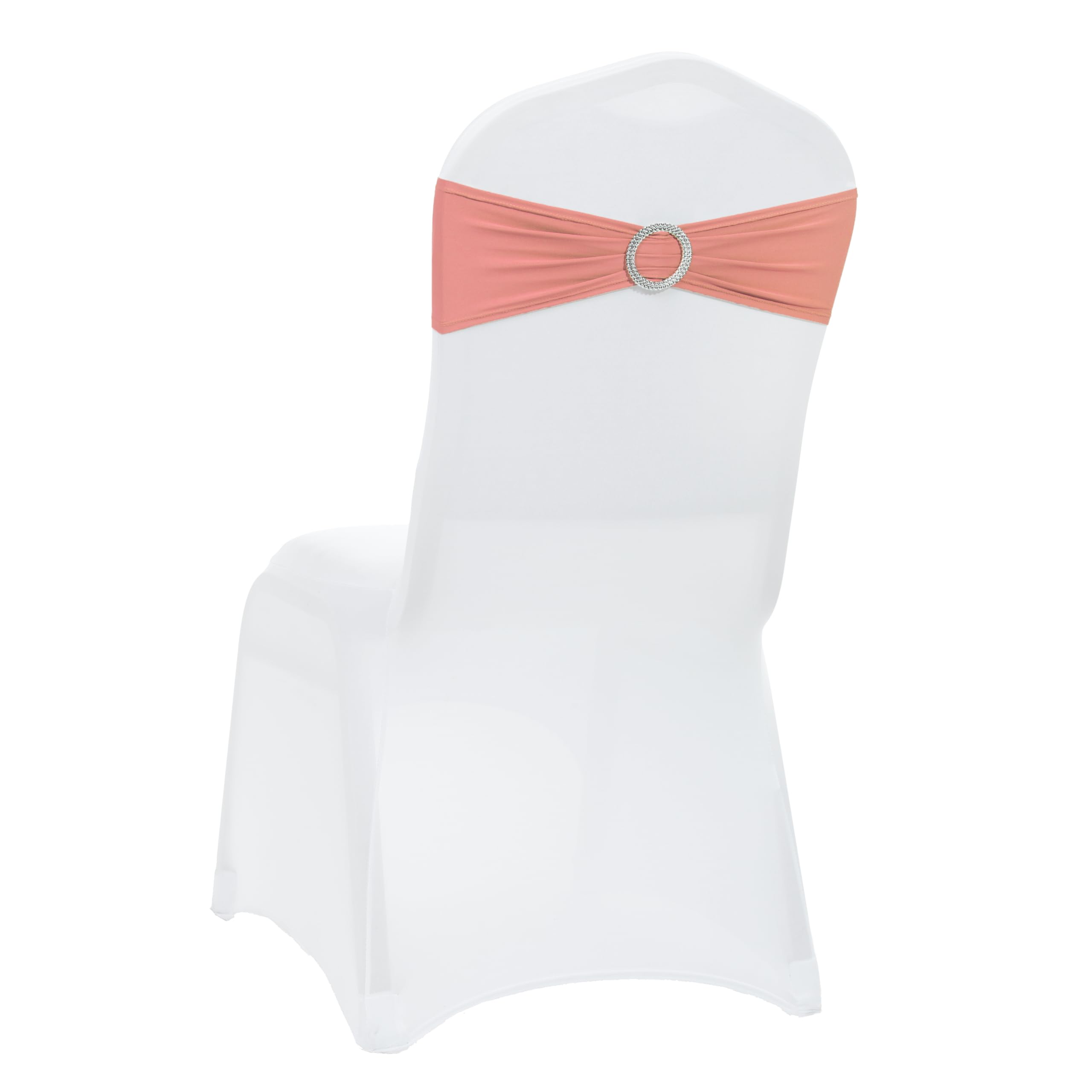 VDS - Coral Peach | Spandex Chair Sashes Bows | 200 PCS | Stretch Elastic Banquet Universal Folding Chair Band Tie with Silver Buckle Slider for Wedding Party Conference Celebration Event Decoration