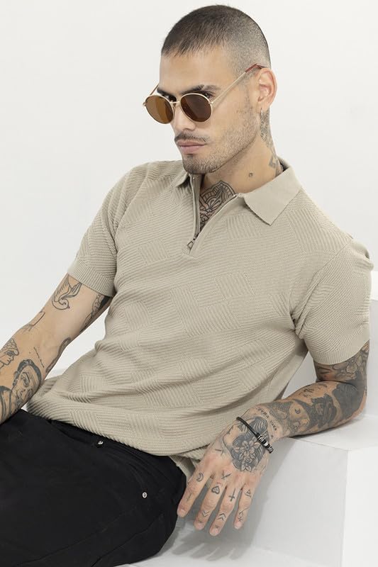 Image of SNITCH Men's Plain T-Shirts | Resort Wear| Holiday Streetwear Style | Cotton Polo Half Sleeve Slim Fit Beige