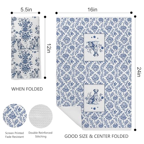 Image of Chinoiserie Dalmatian Kitchen & Hand Towels Set of 2, Blue and White Floral Dog Dish & Tea Towels for Kitchen Bathroom Decor, Vintage Toile Dog Lover Gifts for Women 16x24 Inch