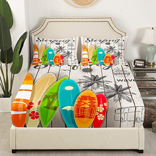 Surfboard Fitted Sheet,Vintage Wooden Wall Bed Sheets Summer Beach Sufing Theme Bedding Set For Kids Boys Girls Full,Camping Tropical Palm Seagull Bed Cover + 2 Pillow Shams Home Room Decor #TOP1
