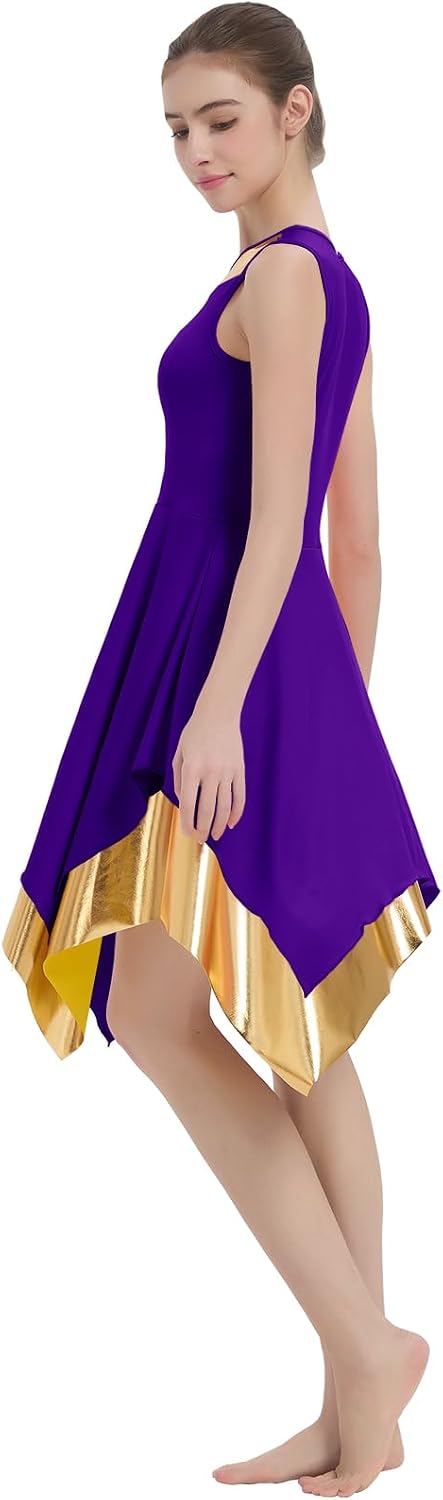 Women Praise Dance Overlay/Tunic Dress Spliced Color Metallic Asymmetric Liturgical Dancewear Lyrical Dance Costume