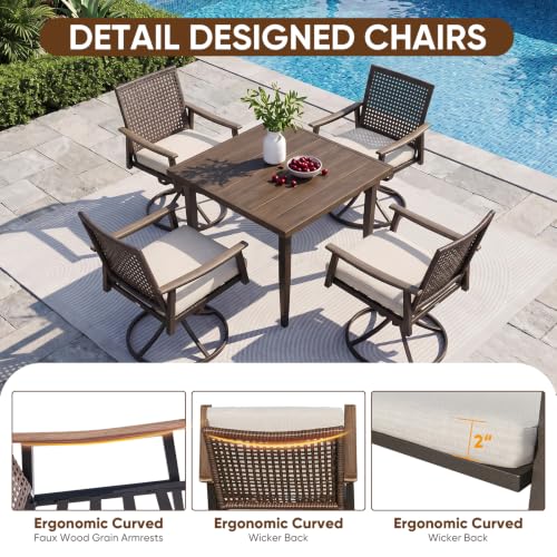 Image of NATURAL EXPRESSIONS Outdoor Dining Set,Patio Table and Chairs Set with 4 Rattan Wicker Swivel Chairs,5 Piece Patio Dining Set for 4,36.6 inch Woodgrain Table with 1.65 inch Umbrella Hole,Patio Sets for Yard