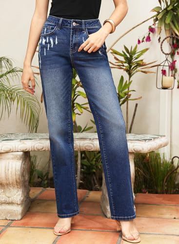 SHEWIN Straight Leg Jeans for Women Trendy High Rise Tapered Flare Jeans Stretchy Wide Leg Ankle Denim Pants with Pockets3