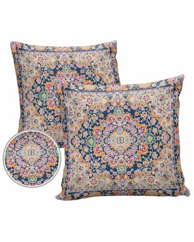 Orange Ethnic Floral Outdoor Pillow Cover 16x16 Inch Cushion Sham Case,Waterproof Decorative Square Throw Pillowcase for Outside Garden Patio Porch Couch Chair Tent Retro Boho Southwest Ethnic Tribal