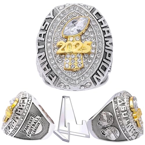 noblehead 2025 Fantasy Football Championship Ring | Heavy FFL Champion Trophy Ring | Gold Silver Tone Plated Award Trophy for Fantasy Football League Winner (ring and stand together, size 12)