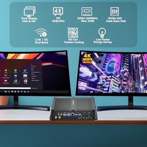 Image of KINGDEL Fanless Industrial Computer, Mini PC, i7 8th Gen. CPU, 32GB RAM 256GB NVMe SSD, 4xUSB 3.0, HD Port, VGA, 2xCOM RS232, Metal Case