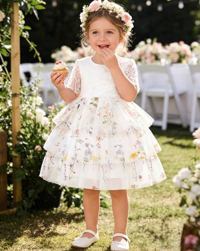 Coedody Toddler Flower Girl Dress 2-8Y Embroidered Lace Back V-Neck Tulle Dress for Party Wedding Tea Party — view 4