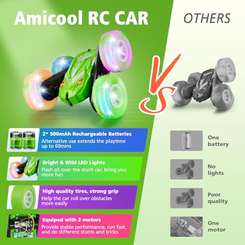 Image of Amicool Remote Control Car for Boys 6-12 with Flashing Light, 6 7 8 9 Years Old Boy Toys, RC Cars Stunt 4WD 2.4Ghz Double Sided 360 Flip, Boy Gift Idea for Kids Birthday Christmas, Green