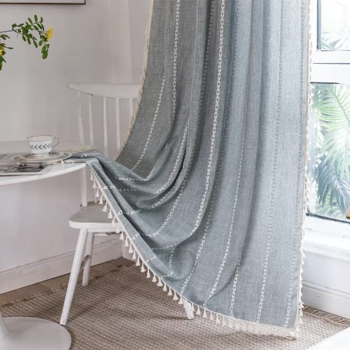 Deeprove Boho Curtains 84 Inches Long for Bedroom Living Room Kitchen, Cotton Linen Striped Embroidery Semi Blackout Bohemian Window Treatment Drape Handmade Tassels 1 Panel W52 x L84 Greyish -Blue