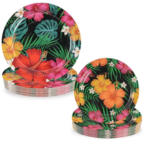 Disposable Tropical Paper Plates, Hawaiian Luau Party Decorations, 100pcs