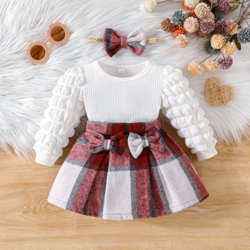 Christmas Toddler Baby Girl Plaid Dress Puff Sleeve Bow Patchwork Ribbed Shirts Dress Plaid Fall Winter Outfits (Red Plaid A,3-6 Months)