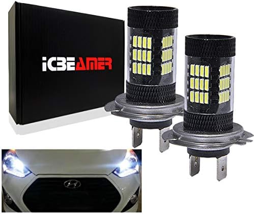ICBEAMER Xenon White H7 12V 57 4014-SMDs LED High Beam/Fog Light Daytime Running (DRL) Light kits 6000 Lumens [Pack of 2 pcs]