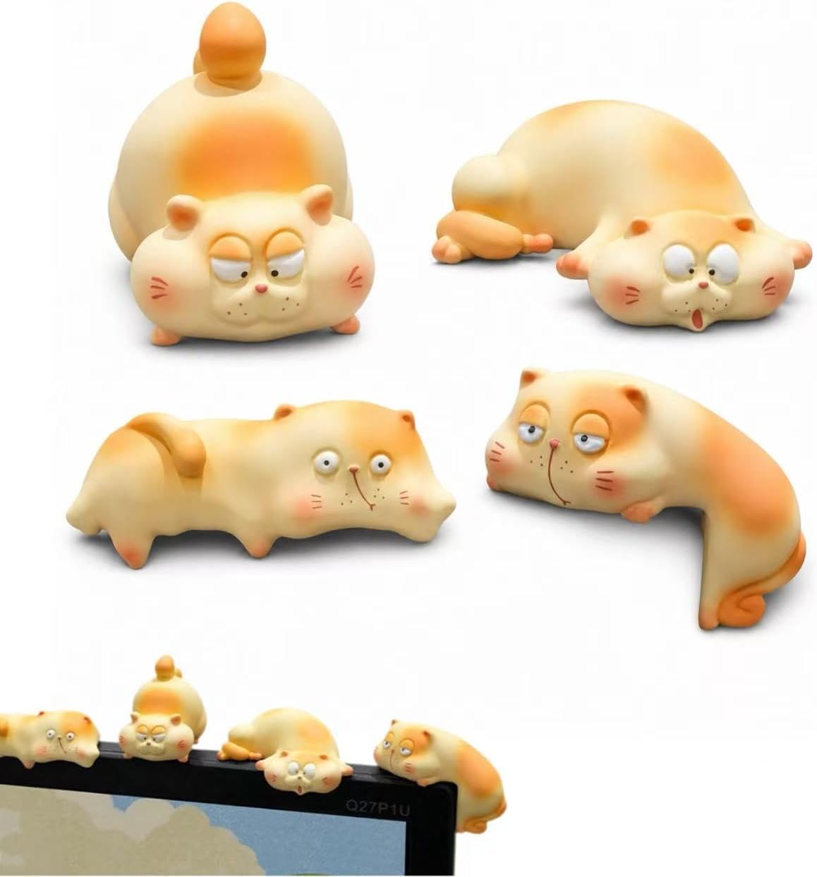 4 Pcs Computer Monitor Decor Set 4 Cute Cats Figurines, Resin Mini Animal Statues for Office Desk Accessories, Car Dashboard Ornaments Gaming Setup (cat)