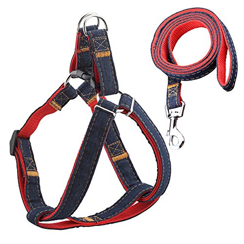 URPOWER Dog Leash Harness Set & Heavy Duty Denim Dog Leash Collar, Adjustable & Durable, Perfect for Daily Training Walking Running, Blue, Red, Medium, Large