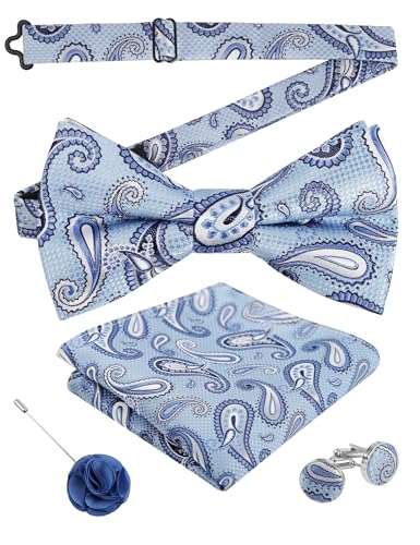 Image of Alizeal Mens 4pcs Vintage Paisley Bow Tie Set | Pre-tied Pocket Square Cufflinks Boutonniere for Wedding Everyday Use