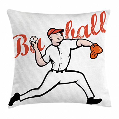 Lunarable Sports Throw Pillow Cushion Cover, Cartoon Illustration of Baseball Player Pitching Throwing Vintage Letters, Decorative Square Accent Pillow Case, 28