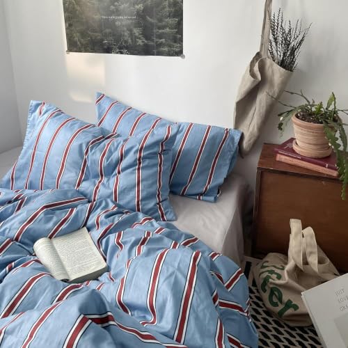 Image of Nayoroom Striped Duvet Cover Queen Coastal Blue Red Stripe Bedding Set