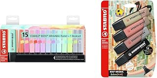 STABILO Marcador BOSS ORIGINAL Pastel - Set de mesa con 15 colores & Marcador BOSS ORIGINAL NatureCOLORS - Pack con 4 colores (verde barro, siena, ocre oscuro, negro)