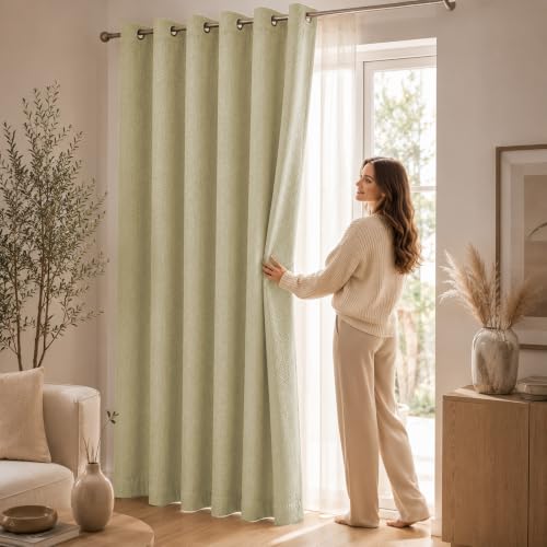 Image of LINENWALAS 100% Blackout Curtains for Door (7 Feet) - Set of 2 Panels, Herringbone Linen Texture Complete Light Block, Thermal Insulated & Noise Reducing Room Darkening Drapes (Beige)