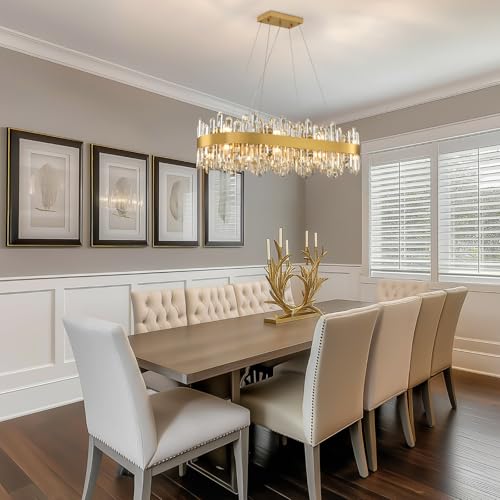 Modern Crystal Chandelier, 16-Lights 2 Tiers Dining Room Chandelier Over Table, 36'' K9 Crystal Gold Rectangular Chandeliers for Kitchen Island Adjustable Long Chandeliers for Living Room