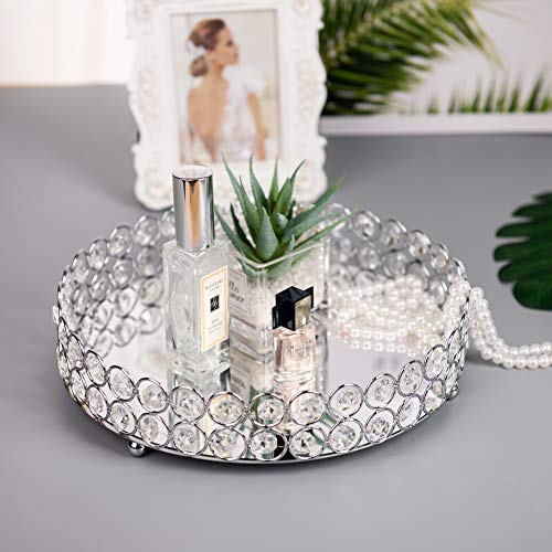 Feyarl Crystal Cosmetic Makeup Tray Jewelry Trinket Tray Organizer Vanity Tray Mirrored Decorative Tray Home Deco Dresser Perfume Skin Care Tray For Christmas Brithday Gift(Round 10" Inch) (Silver) #TOP6