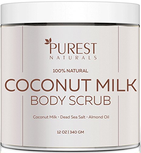 Purest Naturals Coconut Milk Body Scrub Polish - Best 100% Natural Exfoliator Moisturizer For Cellulite Stretch Marks, Eczema, Acne & Varicose Veins - Dead Sea Salt, Almond Oil & Vitamin E