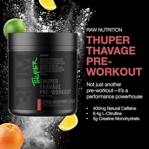 Image of RAW Thuper Thavage Pre Workout Powder - High-Stim Preworkout with Creatine, Beta Alanine, L-Citrulline & Caffeine - Chris Bumstead Gym & Fitness Supplement for Men & Women - Citrus Grapefruit