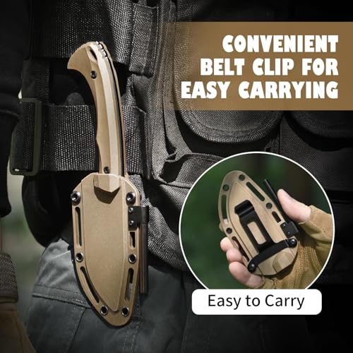 Survival Knife with Fire Starter L-Y, 7.68" Full Tang Small Fixed Blade Knife with Belt Clip, Khaki + Stonewashed Black - Image 5