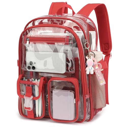 Kouxunt Clear Backpack Heavy Duty Transparent Backpacks Stadium Approved for School Work Sport Travel (Red)