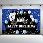 7x5ft Happy Birthday Backdrop Black White Balloon Theme Photography Background Glitter Blue Curtain Crown Fireworks Boys Kids Birthdays Party Banner Decorations Men Parties Photo Booth Prop - Image 5